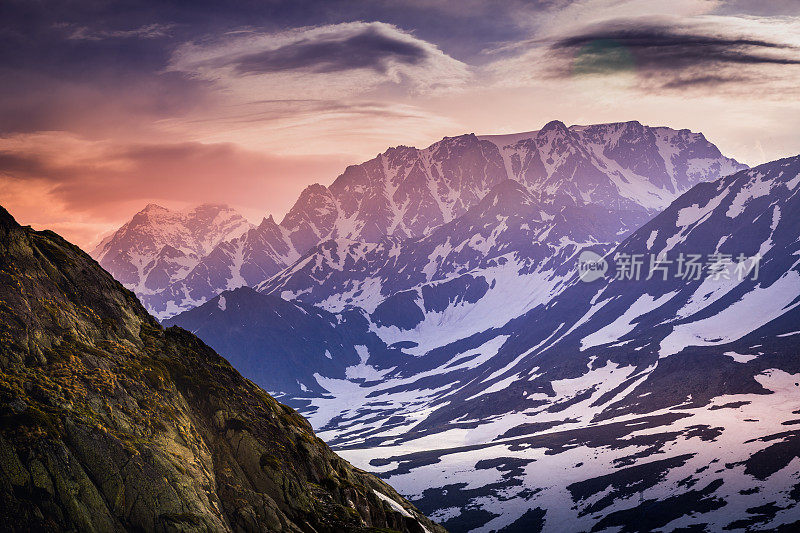 Great St Bernard Pass snowcapped landscape – Switzerland and Italy border